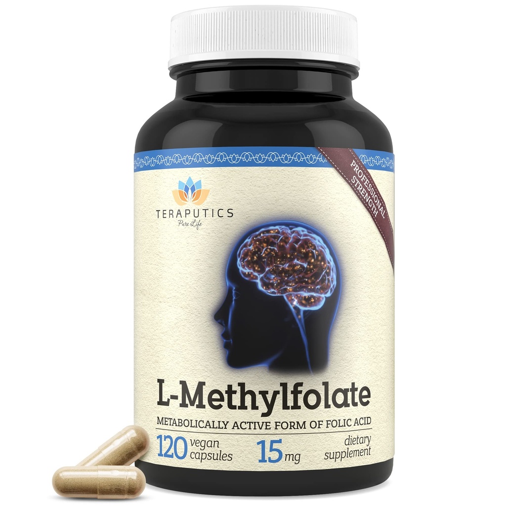 Teraputics L-Methylfolat 15mg | 120 Vegan Kapseln | Premium | 5-MTHF Aktive Methyl Folat-Ergänzung für Mood Homocystein Methylierung – Nicht-GMO Glutenfrei, keine Füllstoffe - Folic Acid Brain Support