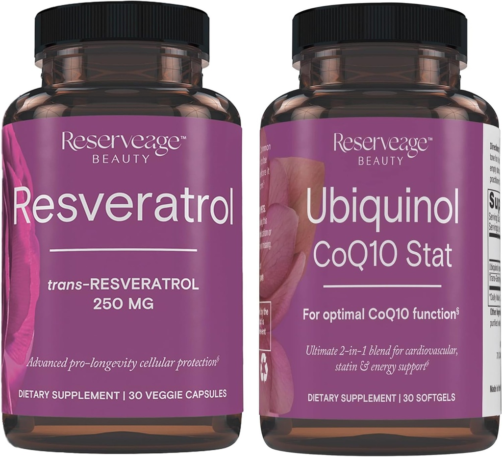 Reserve Schönheit, Resveratrol 250 mg, Antioxidans Ergänzung für Herz und zelluläre Gesundheit 30 Caps & Ubiquinol CoQ10 Stat - Unterstützung für Herz-Kreislauf-System, Energie Levels & zelluläre Gesundheit - 30