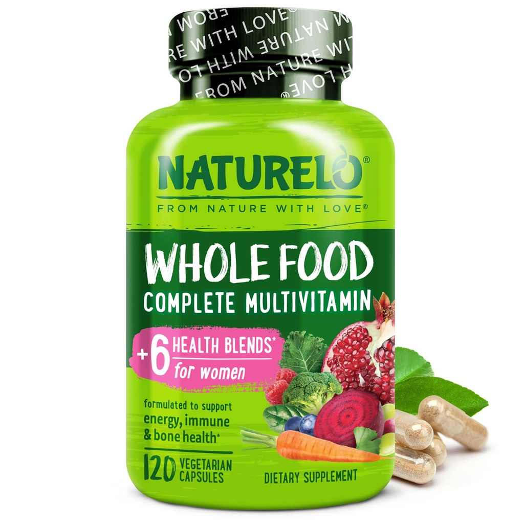 NATURELO Ganzes Lebensmittel Multivitamin für Frauen - mit Vitaminen, Mineralstoffen, & Bio-Extrakten - Ergänzung für Energie und Herzgesundheit - Non GMO - 120 Vegan Kapseln