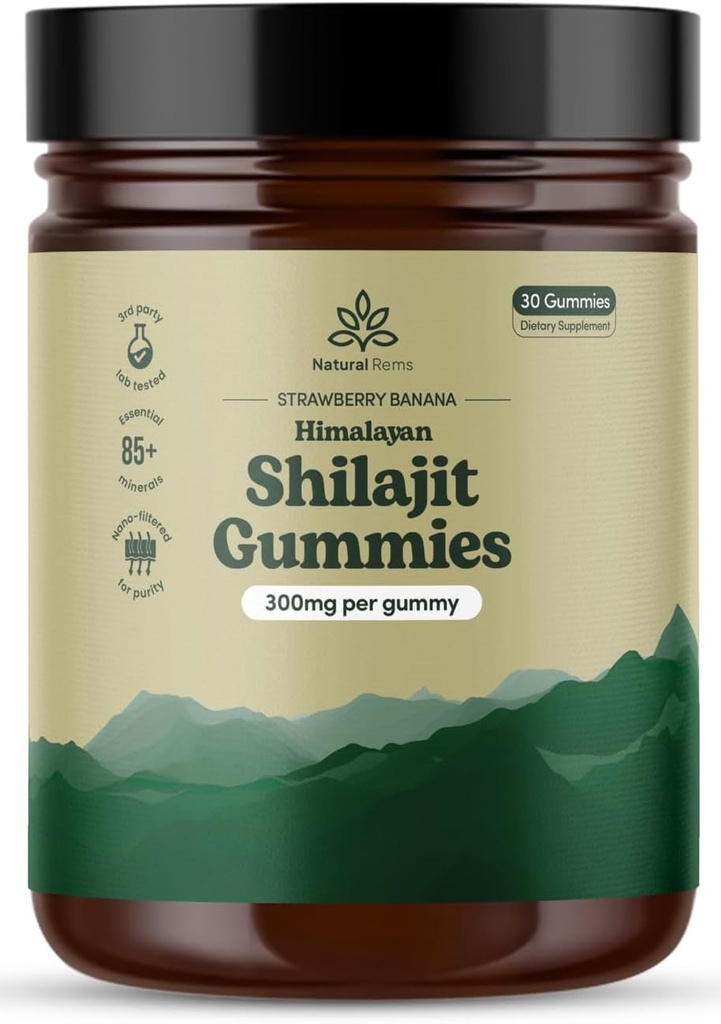 Natürliche Rems Organic Shilajit Gummie für Männer und Frauen - Lab Tested - Made in USA - Pure Himalayan Organic - Fulvic Acid - Energie und Fokus - ganzheitliche Gesundheitsergänzungen (Strawberry Banana)