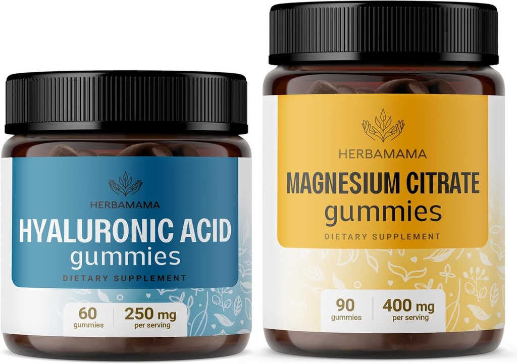 HERBAMAMA Hyaluronic Acid and Magnézium Kit - 250 mg hialuronic acid & 400 mg Magnézium Citrate Gumies - Vegan, Non-GMO, Gelatin- Free - 2 Pack