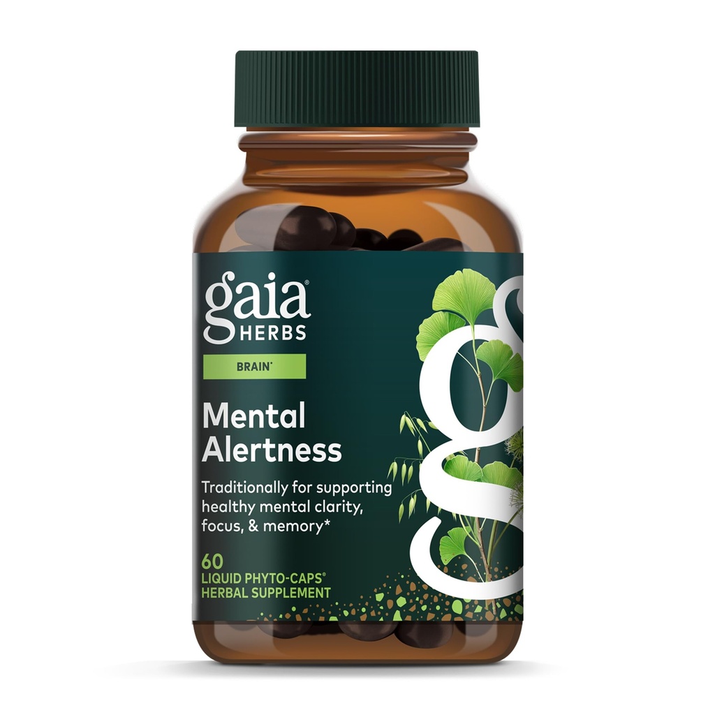 Gaia Herbs Mentalal Alertness - Brain Support-Ergänzung zur Unterstützung Fokussierung & Gedächtnis* - mit Eleuthero, Ginkgo Leaf, Gotu Kola, Rosemary & Oats - 60 Vegan Liquid Phyto-Capsules (15-Day Supply)