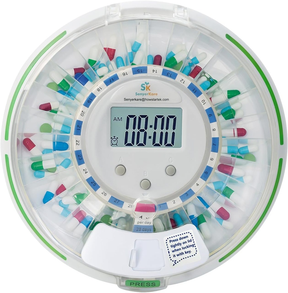 Automatische Pillenspender mit Sicherheitsschloss, Blitzlicht, Sound, Alarm, 28-Day Elektronischer Medikamentenspender für Vitamine und Tablets bis 6 Mal/Tag, einfache Leseanzeige, Klarer Deckel