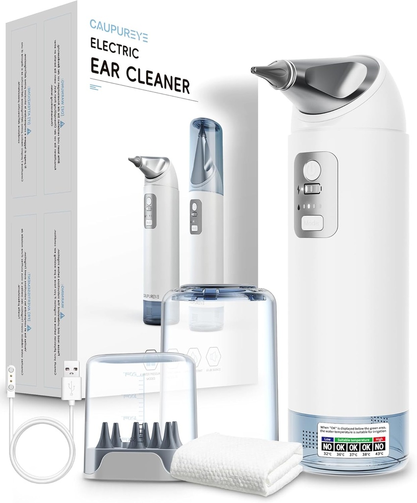 Ear Wax Removal Kit, 360 ° Electric Ear Cleaner, Hear Cleaning Kit with 4 Water Pressure Modes, Earwax Removal Kit for Safe Ear Indraph Flushing System w / 8