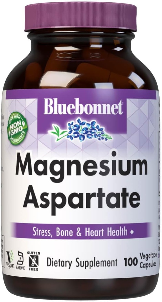 Bluebonnet Nutrition Magnézium Aspartate, Stress Relief *, Bone Health *, Heart Health *, Non-GMO, Vegan, Kosher Certified, Gluten- Free, Soy- Free, Dairy- Free, 100 növényi kapszula, 50 szervadék