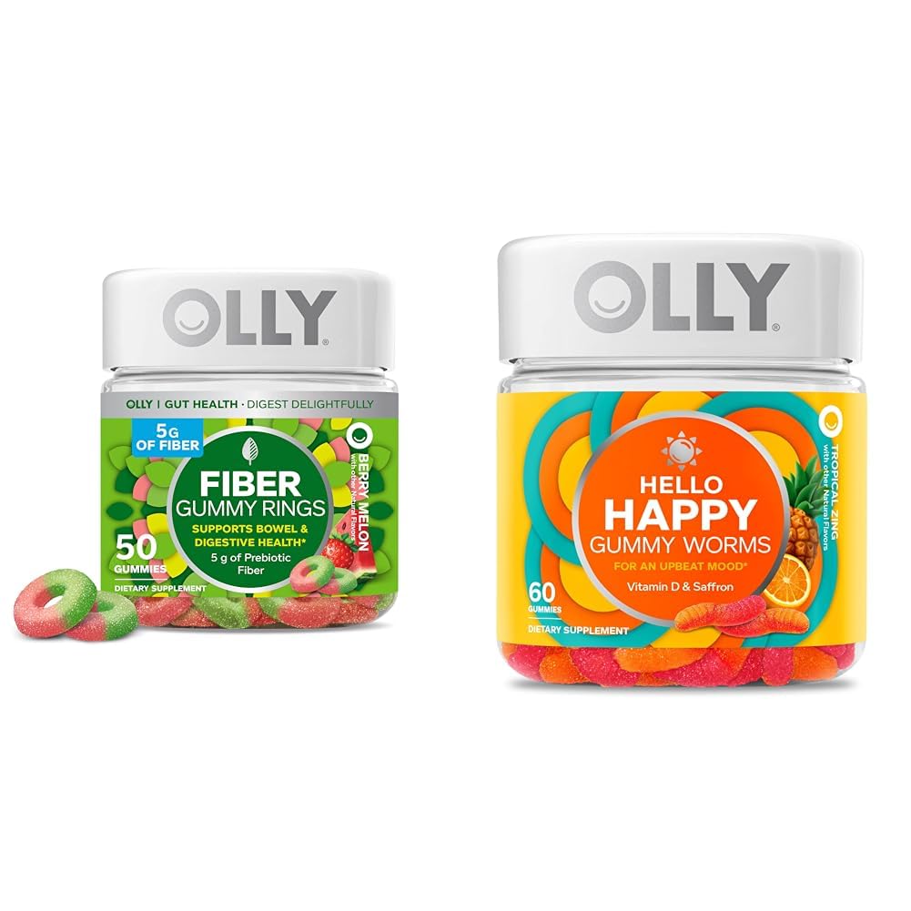 OLLY Fiber Gummy Ringe, 5g Prebiotic Fiber, FOS (Fructo-oligosaccharide), Verdauungsunterstützung & Hallo Happy Gummy Worms, Mood Balance Support, Vitamin D, Safran, Adult Chewable Supplement