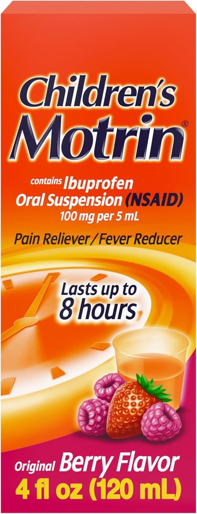 Kinder Motrin Oral Suspension Medizin, 100 mg Ibuprofen, Kids Fever Reducer & Pain Reliever für Minor Aches & Pains Aufgrund von Kälte & Flu, Alkoholfrei, Berry Flavored, 4 fl. Unze