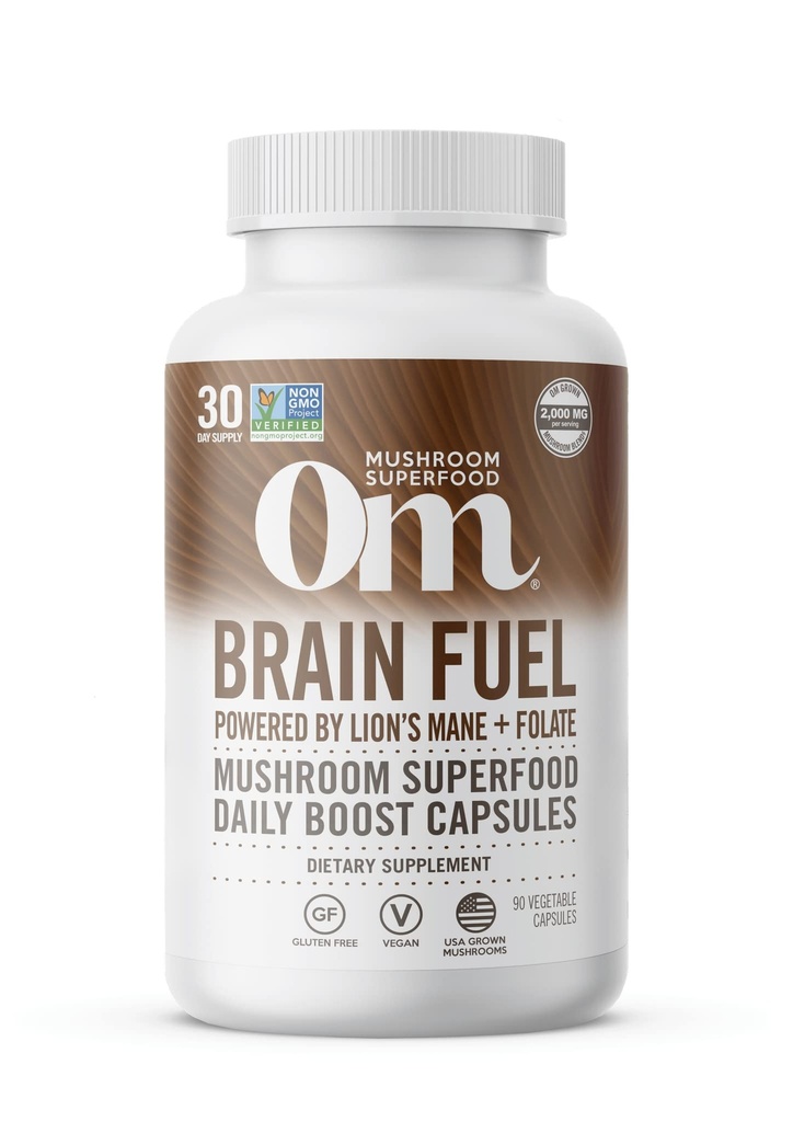 OM MUSHROOM SUPERFOOD Brain Fuel Mushroom Powder Capsules Superfood Supplement, 90 Count, 30 Tage, Lion's Mane, Reishi Blend Plus Folate, Mental Clarity, Pilzergänzung