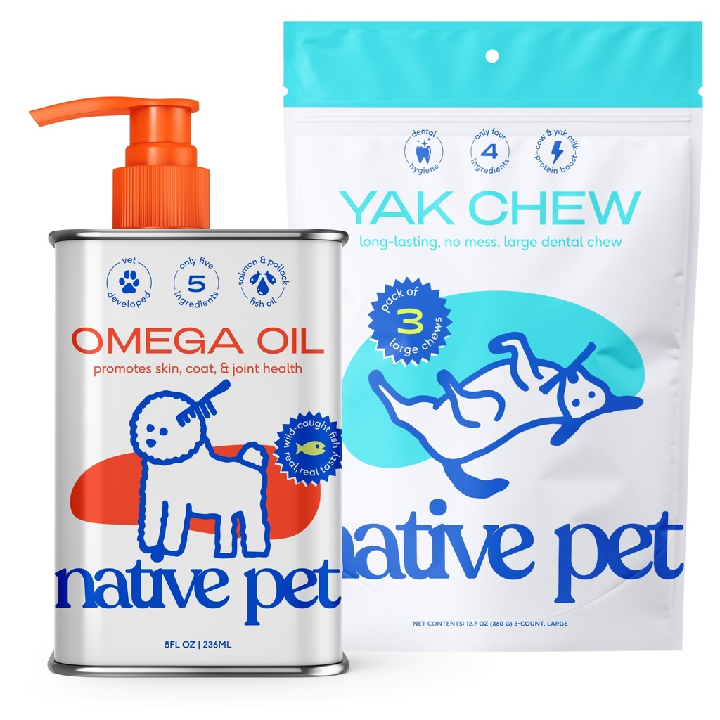 Native Pet Omega Omega Oil for Dogs - Dog Fish Oil Supplements & Yak Chews for Dogs - 124; Pasture- Raised and Organic Yak Cheese Himalayan Churpi Chews - 124; 8 Oz. & 3 Large Yak Chews