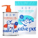 Native Pet Omega Omega Oil for Dogs - Dog Fish Oil Supplements & Yak Chews for Dogs - 124; Pasture- Raised and Organic Yak Cheese Himalayan Churpi Chews - 124; 8 Oz. & 3 Large Yak Chews