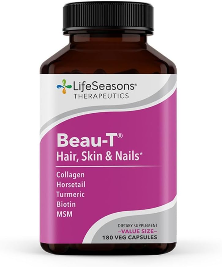 LifeSeasons Beau-T - Haar, Nagel, & Skin Supplement - Fördert gesundes Haar und Nail Wachstum - Unterstützt klare Haut und Kämpfe Akne - Nail Strengthener - Enthält Biotin Collagen Turmeric - 180 Kapseln