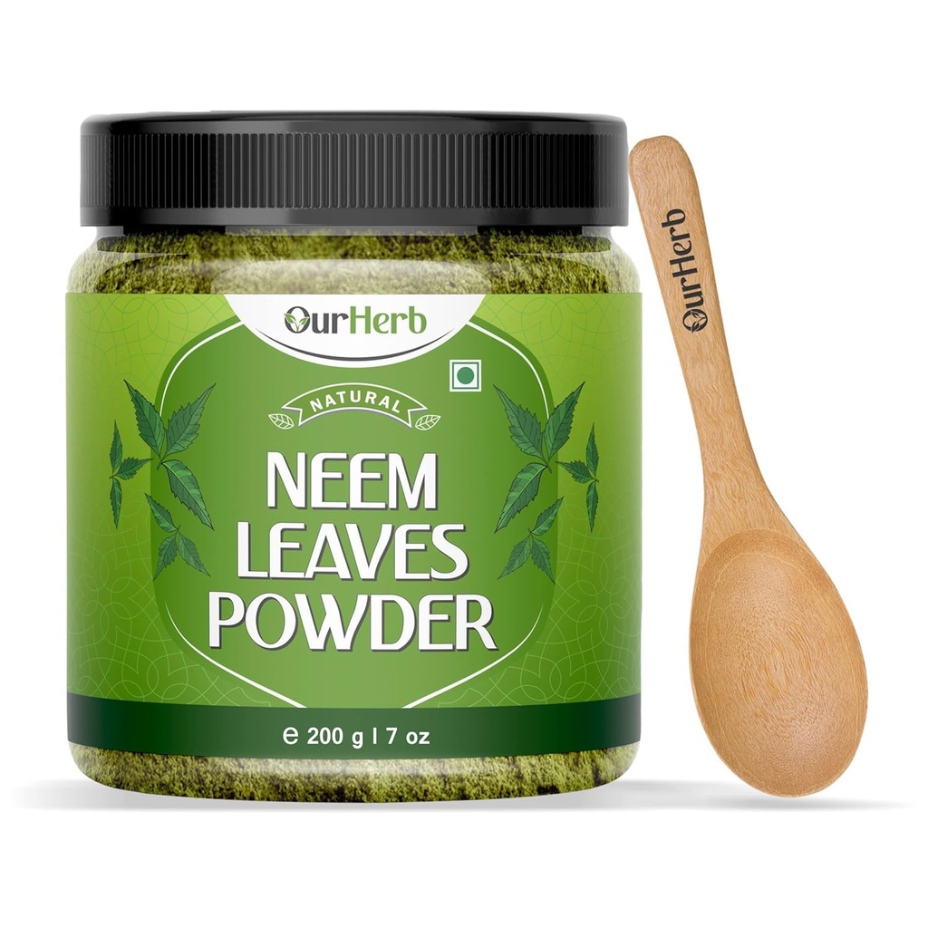 Pure Neem Blätter Pulver natürliche Lösung für Pimple-Free klare Haut & Silky Haare, ideal für Face Packs, Haarpflege und Pigmentierung Unterstützung mit Holzlöffel – 200g | 7.04 Oz