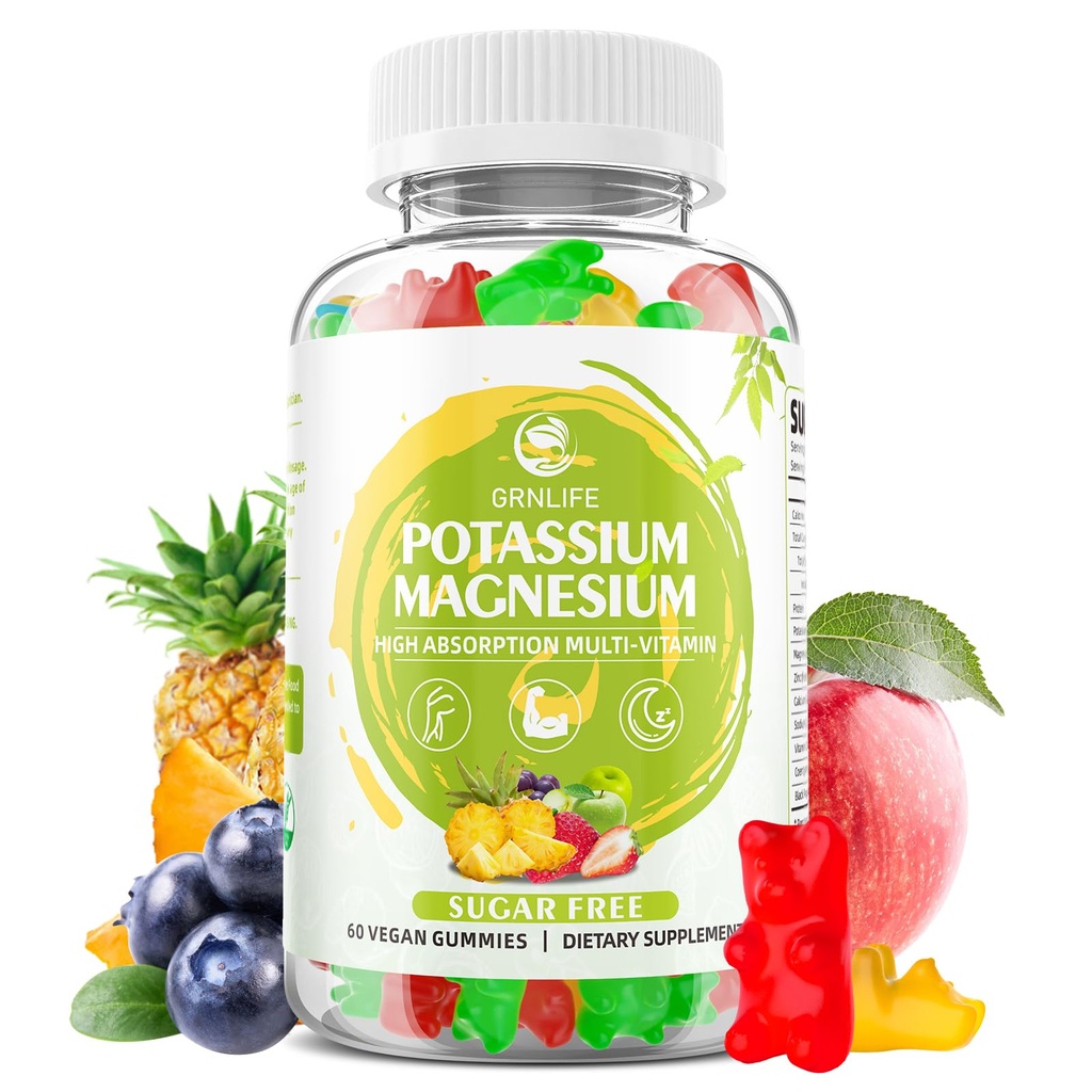 Kalium-Magnesium-Ergänzungsgummis, Kalium-Gummi-Gummi für Erwachsene Kinder, hohe Absorption Magnesium-Glycinat für Leg Cramps & Immun-Gesundheit, Sugar-Free, Vegan gemischte Flavors, 60 Count