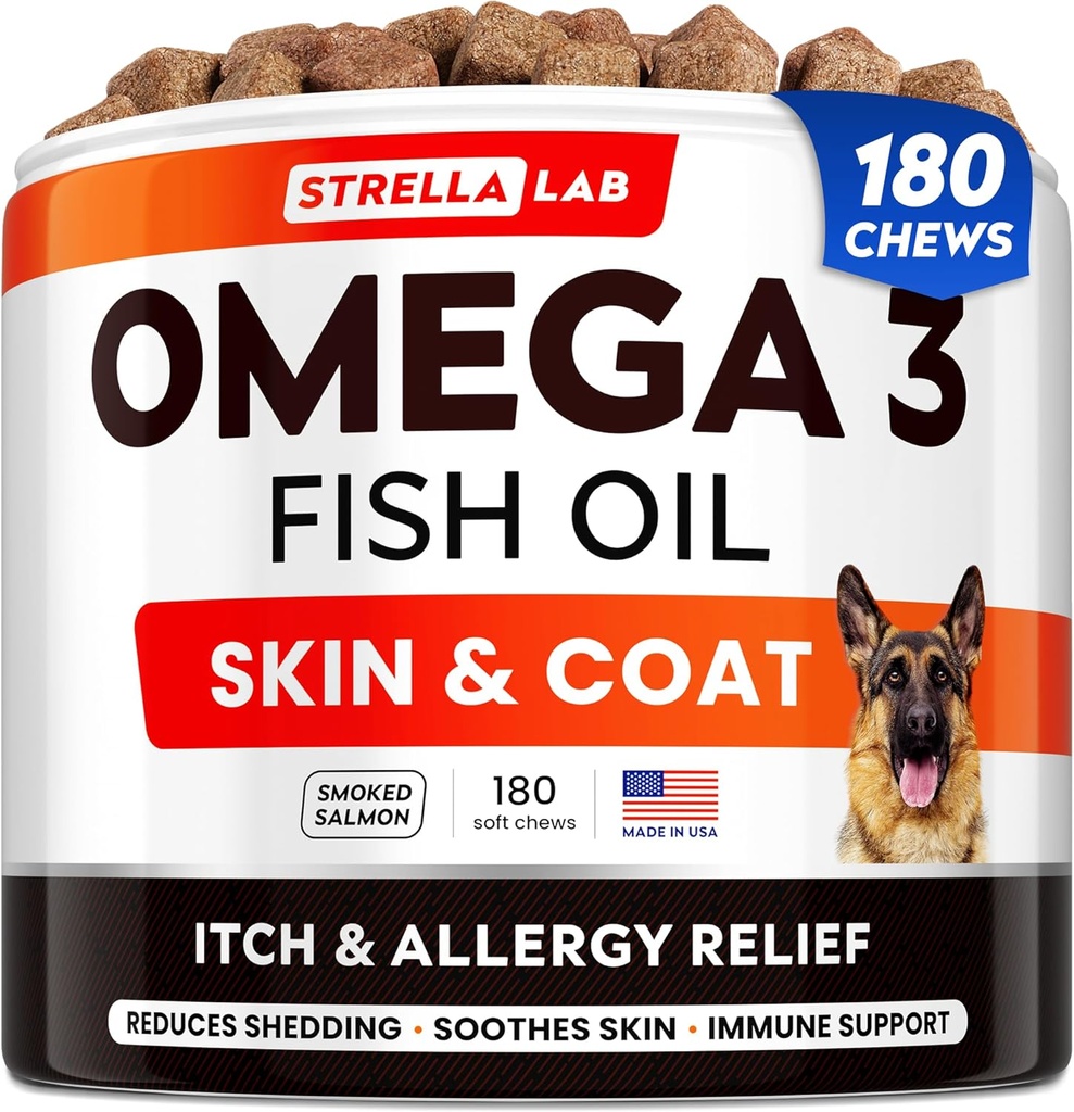 StrellaLab Omega 3 für Hunde - (180Ct) Fish Oil Treats - Allergy & Itch Relief Skin & Coat Supplement - Dry Itchy Skin, Anti Shedding & Hot Spots Behandlung - Pet Salmon Oil Chews - Geräuchertes Lachs Flavor