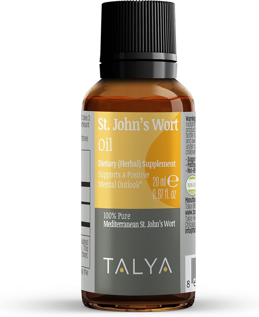 TALYA St. John’s Wort Oil 0.67 fl. oz | 100% reine & natürliche Flüssigkeit Tropfen | Nahrungsergänzung | für positive Stimmung & Emotionale Balance | Körper, Haut und Haarpflege | Non-GMO