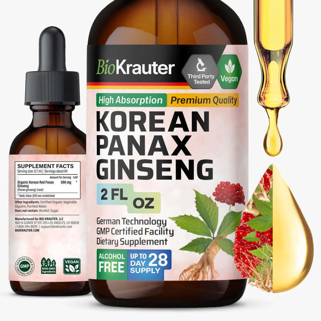 BIO KRAUTER Panax Ginseng kivonat folyadék - koreai Red Ginseng kiegészítés alkohol mentes - Immuntámogatás - Vegan, Sugar Free - 2 Fl.Oz.