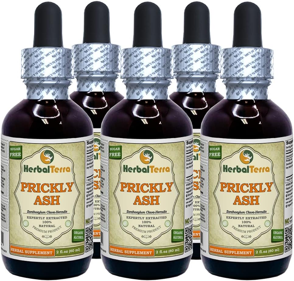 Krickly Ash (Zanthoxylum Clava-herculis) Tincture, Dried Bark Liquid Extract (Markenname: HerbalTerra, Proudly Made in USA) 5x2 fl.oz (5x60 ml)