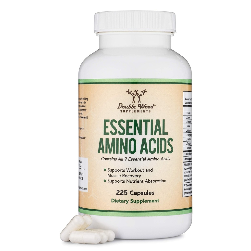 essentielle Aminosäuren - 1 Gramm pro Servierpulvermischung aller 9 essentiellen Aminosäuren (EAA) und aller verzweigtkettigen Aminosäuren (BCAAs) (Leucine, Isoleucin, Valine) 225 Kapseln, Glutenfrei von Double Wood