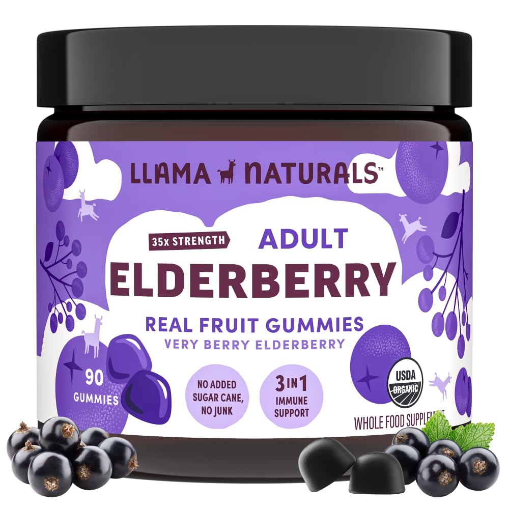 Llama Naturals Elderberry Gummies für Erwachsene, Vegan, Organische Immununterstützung Ergänzung mit Vitamin C und Zink, Echte Frucht Gummy Vitamine für Immunität, Kaubar, Ohne Zusatz Zuckerrohr, 90 Ct