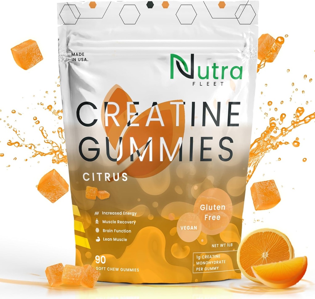 Kreatin Monohydrate Gummi - 5g kaubare Monohydrat-Gummy für Männer & Frauen - Erhöhung der Stärke, Muskelaufbau - Boosts Energy & Focus - Niedrige Kalorien, Vegan & Gluten frei | 90 Graf Citrus