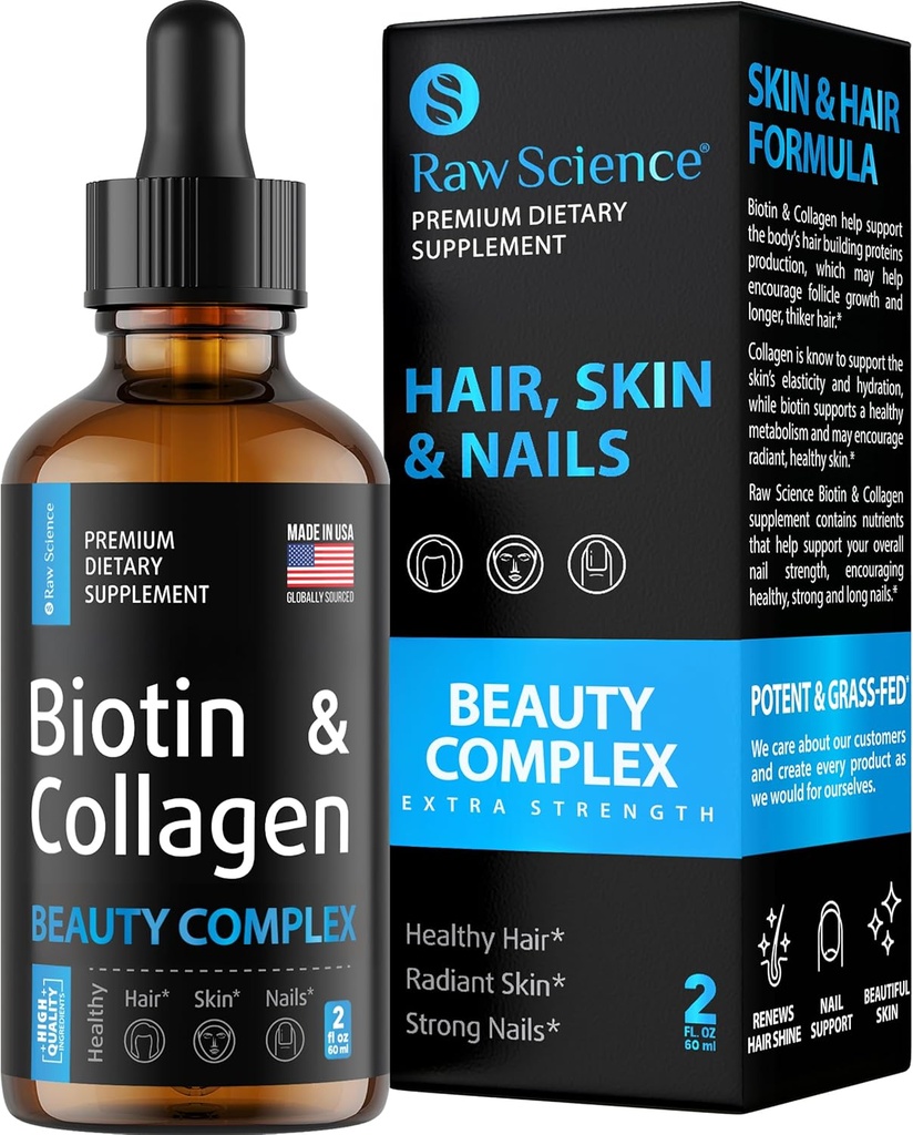Flüssige Collagen & Biotin-Ergänzungen für Haarwachstum - Biotin 10000mcg Collagen Peptide 20000mcg Tropfen - Haar Vitamine für Haarausfall für Frauen & Männer, Haut- und Nagelhärter - Made in USA, 2 floz