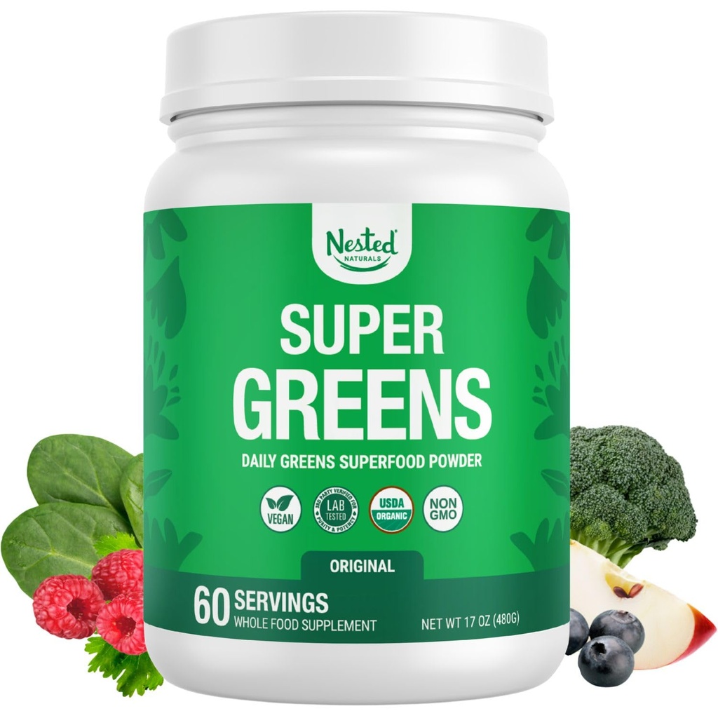 Nested Naturals Super Greens Daily Superfood Powder - Certified USDA Organic Green Powder w/20+ Whole Foods, Spirulina Powder, Wheat & Barley Grass - Probiotics, Fiber & Enzymes - Original Flavor, 60