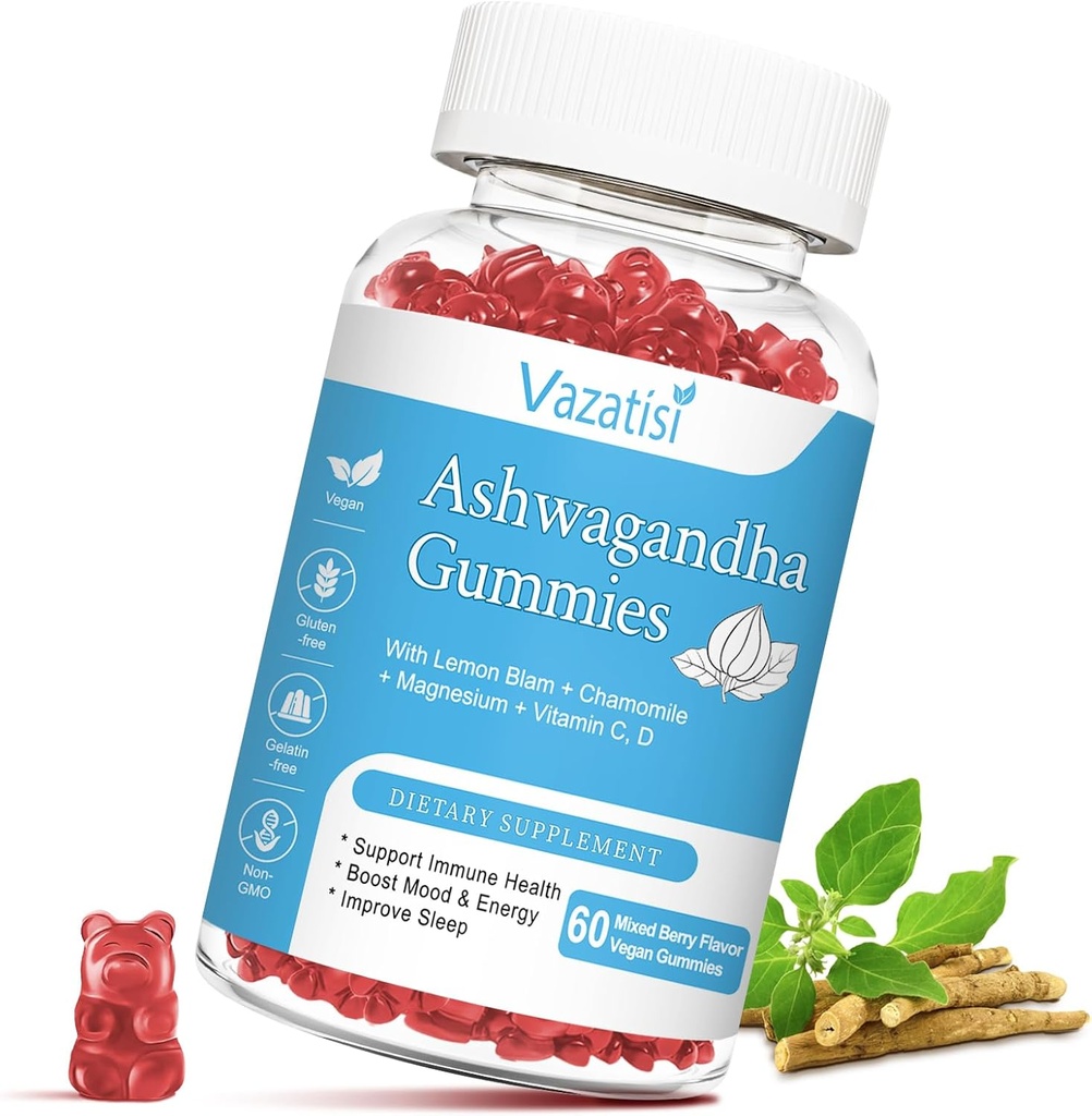 Zuckerfreie Ashwagandha-Gummi für Frauen, Bio Ashwa Root-Extrakt-Ergänzung für Erholung Balance, Vegan Gluten Free, 60 Count