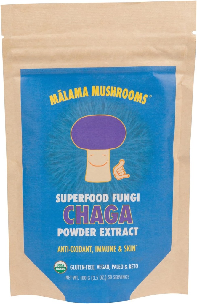 Chaga Extrakt Pulver von Malama, Organische Fruchtkörper Chaga Pilzpulver, Superfood Adaptogenic, unterstützt Immunsystem, Hautgesundheit und Fettigue, 100 Servierungen