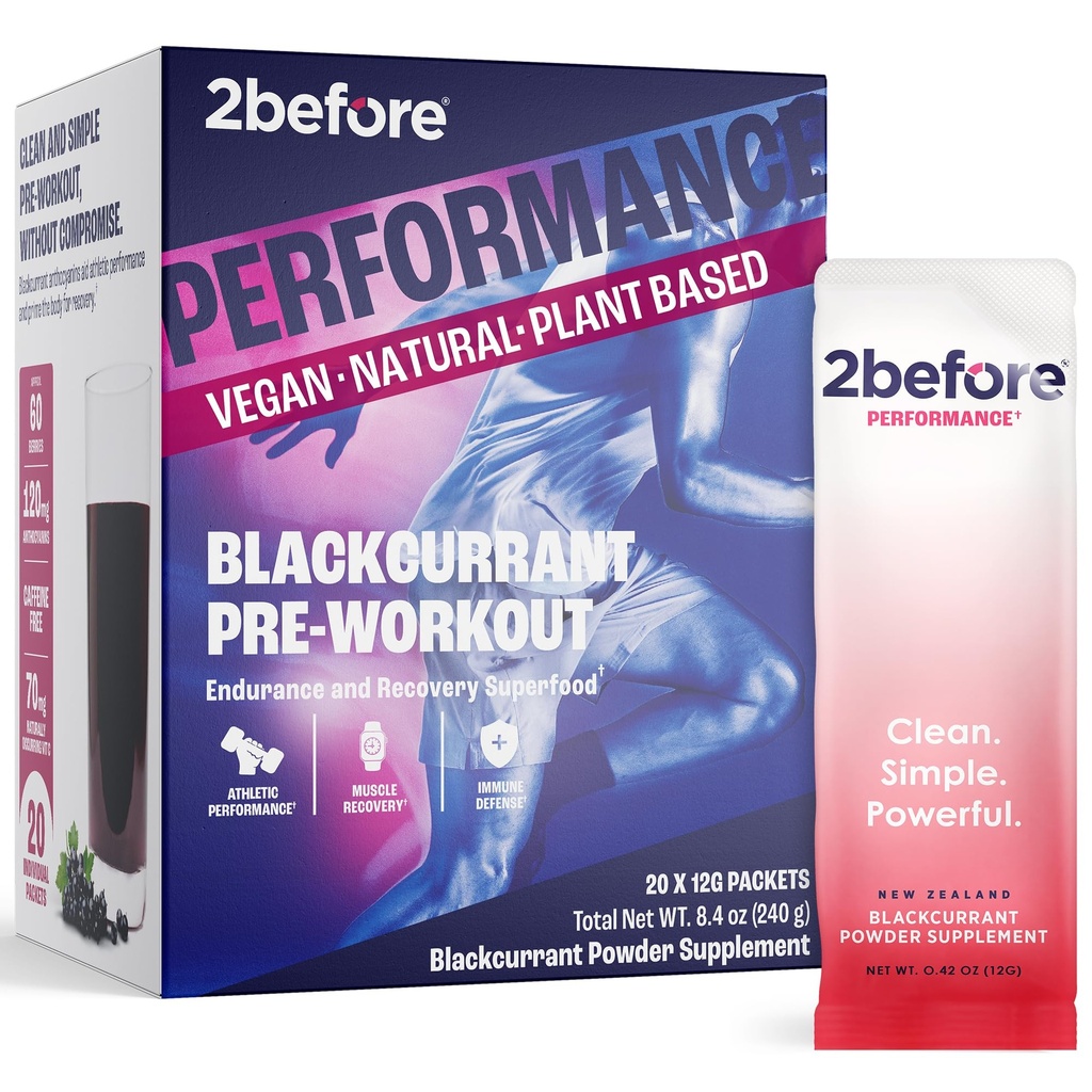 2before Blackcurrant I All Natural Vegan Pre Workout, Caffeine Free I Clean Energy, Endurance, Recovery I Pre Workout Women and Men I 20 x Individual Packets I Informed Sports Certified