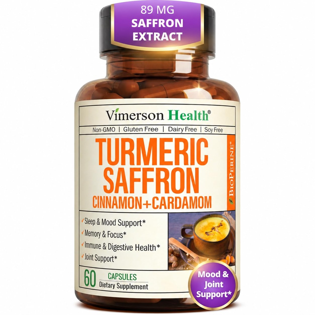 Saffron-Ergänzungen – 89mg Saffron-Extrakt und 1000mg Tumeric Blend – Kurkuma-Ergänzung mit Ceylon Cinnamon und Cardamom für Stimmung, Gedächtnis und Augengesundheit – Gemeinsame Ergänzungen für Frauen & Männer – 60 Zähler