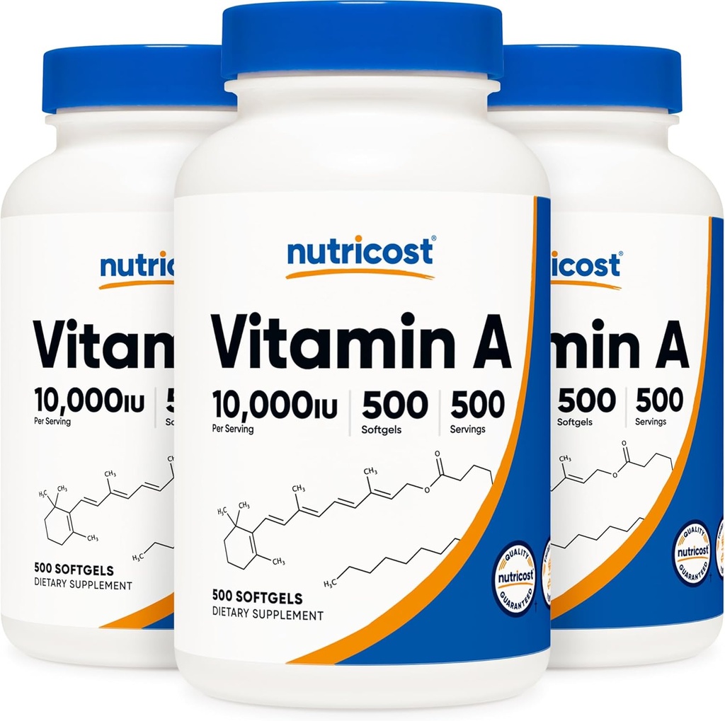 Nutricost A-vitamin 10 000 NE, 500 Softgel (3 üveg)