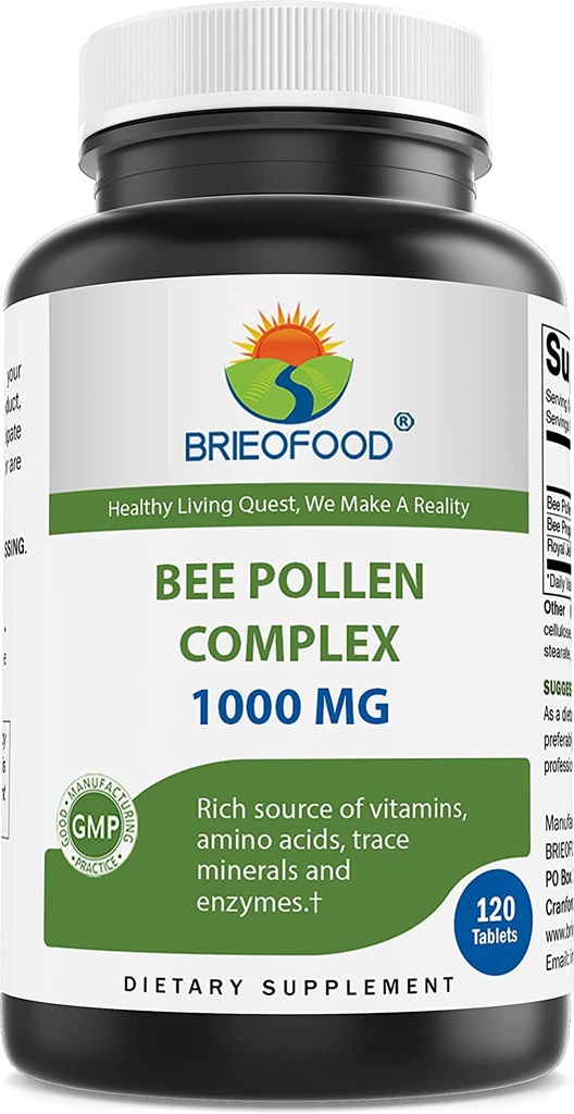 Rövid étel Bee Pollen Complex 1000 mg 120 tabletta - Bee Pollen, Bee Propolis, & Royal Jelly Powder