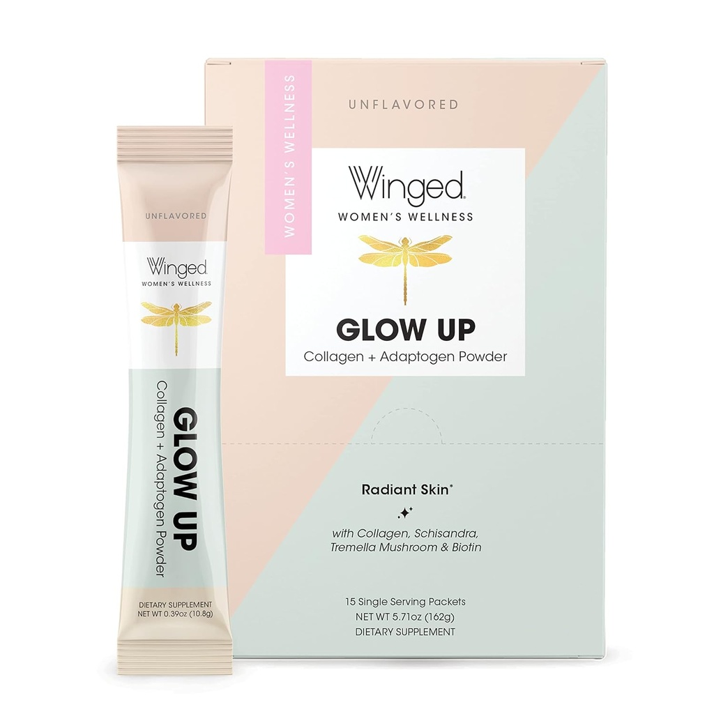 Winged Glow Up Collagen Promote 124; Better Hair, Skin, Nails For Women Wife - 124; Grass Fed Collagen Peptides W / Adaptogen Schisandra, Snow Mushroom, C-vitamin & Biotin) 124; Nem ízesített, Non Gmo, 15 gróf