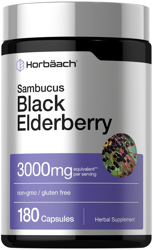 Horbäach Black Elderberry | 180 Capsules | Sambucus Extract Supplement | Non-GMO & Gluten Free