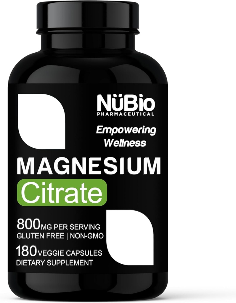 USA Made Vegan Magnesium Citrate 400mg Kapseln (Citrato de Magnesio) Non-GMO & Gluten-Free, Magnesium Supplement für Schlafhilfe, Gehirn, Herzgesundheit, Knochenstärke, Stoffwechsel und Stress von NüBio