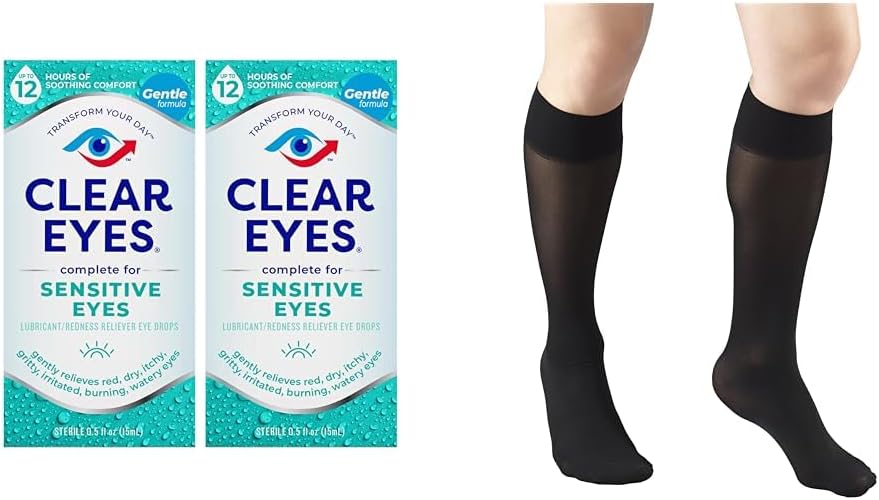 Clear Eyes Érzékeny Szemcseppek 2 Pack & Truform Sheer kompressziós harisnya Női térd Magas 20 Denier Black Medium