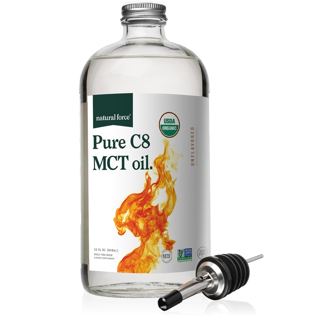 Natural Force Organic Pure C8 MCT Oil - Liquid MCT Oil in Glass Bottle Container - Koncentrált Capriculated Acid - Keto, Paleo, Kosher, Vegan & Non- GMO - Lab Tesztelt minőség és tisztaság, 32 Ounce
