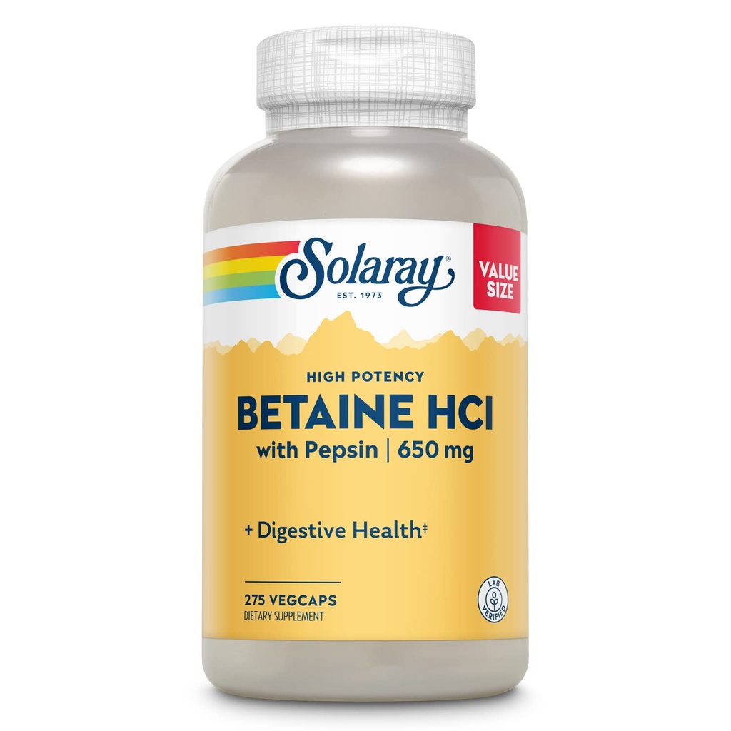 Solaray High Potency Betaine HCL mit Pepsin - Salzsäure-Ergänzung für die Verdauung - mit Betaine Hydrochlorid und Verdauungsenzymen - Gut Health Support - 60-Day Garantie, 275 VegCaps