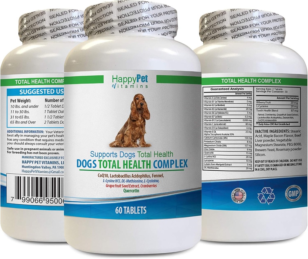 Dog Healthy Coat Supplement - Hunde Total Health Complex - Natürlich - Best Hair Coat Immune Eye Teeth UTI Health - Suchcetin für Hunde - 1 Flasche (60 Bäume)