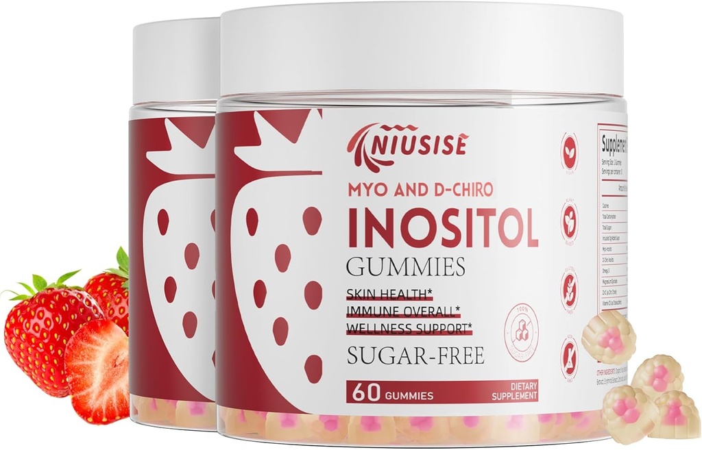 Inositol Gummie, Inositol-Ergänzung mit Myo-Inositol & D-Chiro Inositol + Vitamin D3, Ideal 40:1 Ratio, mit Magnesium Glycinat 400mg, Unterstützt regelmäßigen Zyklus für Frauen, Vegan, 2 Pack