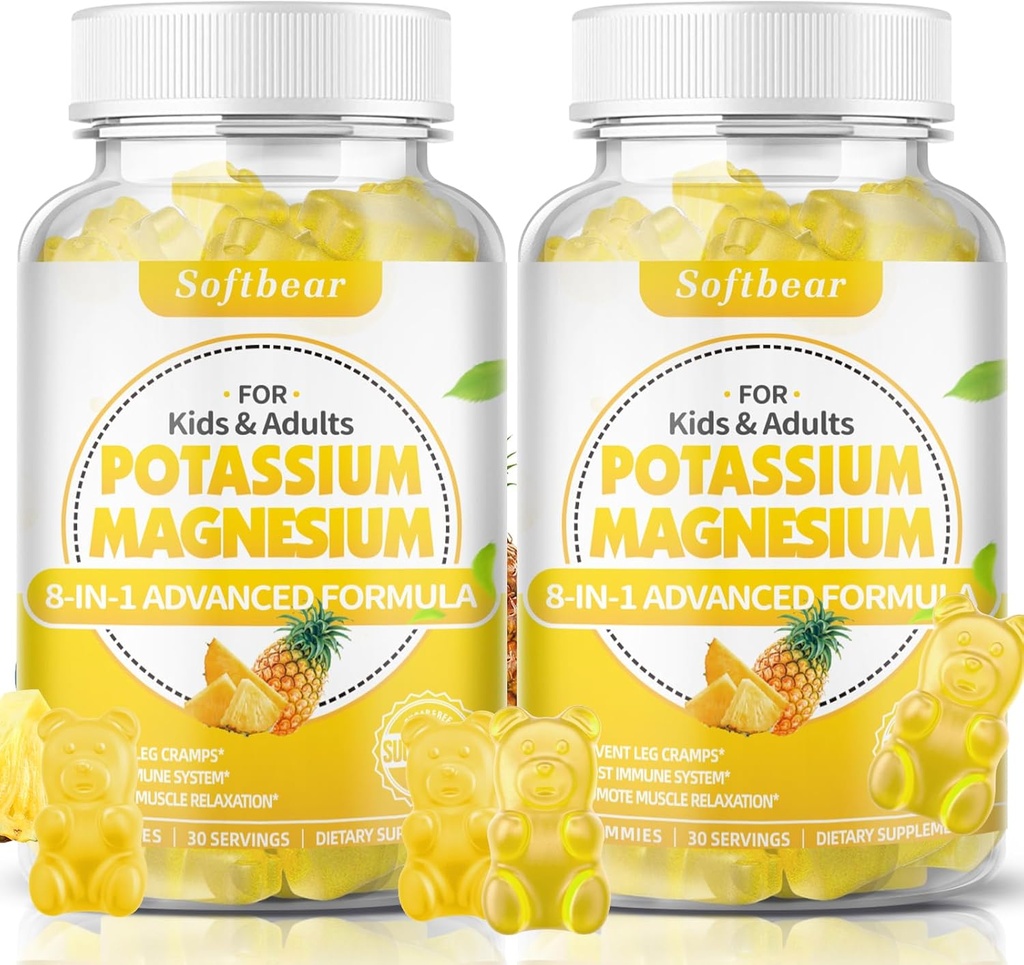 softbear Kálium gumik felnőttek, Sugar-Free Kálium Magnézium kiegészítés B6-vitamin CoQ10 izomgörcsök Vegan ananászos aromák 120 gumi