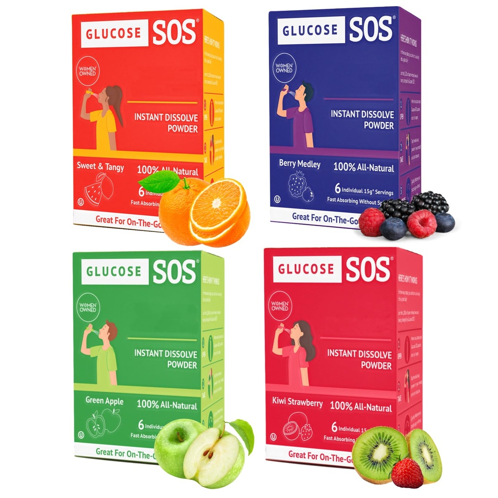 Glükóz SOS Glükóz csomagok természetes dextrózzal, Fast- abszorpció, hogy azonnal feloldódik a szájában víz nélkül, 4 Flavor variety 24 Servings