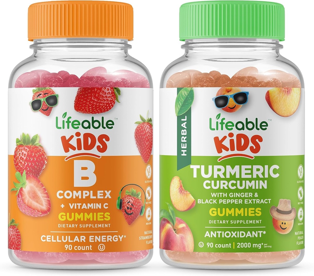 Életképes B Complex Kids + kurkuma gyerekek, gumicukor bundle - nagy ízű, vitamin kiegészítés, glutén mentes, GMO mentes, rágható gumi
