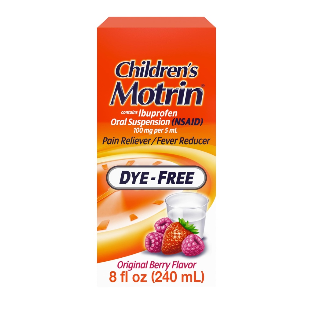 Kinder Motrin Oral Suspension 100mg Ibuprofen Medizin, NSAID Fever Reducer & Pain Reliever for Minor Aches & Pains Aufgrund Kalt & Flu, Dye Free, Alkoholfrei, Berry Flavored, 8 fl. oz