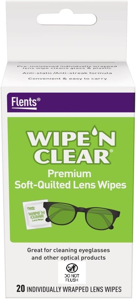 Flens lencse törli, Törli 'N Clear, 20 Count, Pre- Moistened, Streak- Free, Safe for Glass, Anti- Fog, Gyenge tisztítás, Clear Vision, Egyénileg csomagolva utazási és kényelmi, Készült az Egyesült Államokban