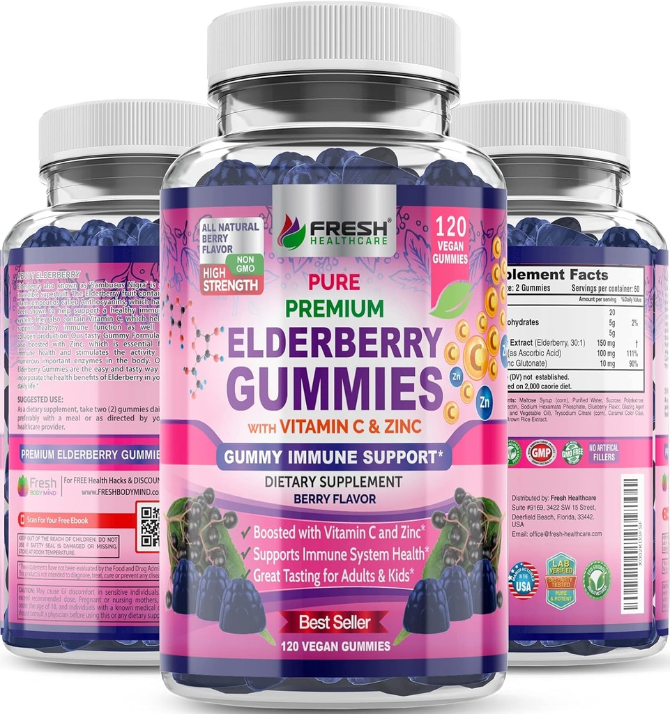 FRESH HEALTHCARE Elderberry Gummis mit Vitamin C, Zink & Sambucus Elderberry 30:1 Extrakt - 100% Vegan - Immununterstützung für Erwachsene & Kinder - 120 Count Gummy Supplement