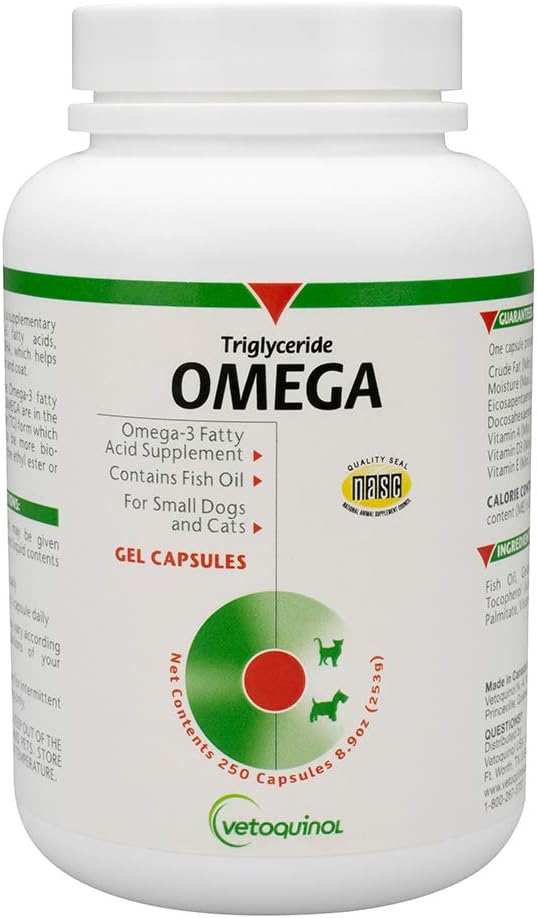 Vetoquinol Triglycerid Omega 3 Ergänzung für Hunde und Katzen, Fish Oil Supplement mit EPA und DHA, fördert Haut, Mantel, Gelenk und Immune Gesundheit, Omega 3 Fischöl für Hunde und Katzen bis zu 30lbs, 250ct