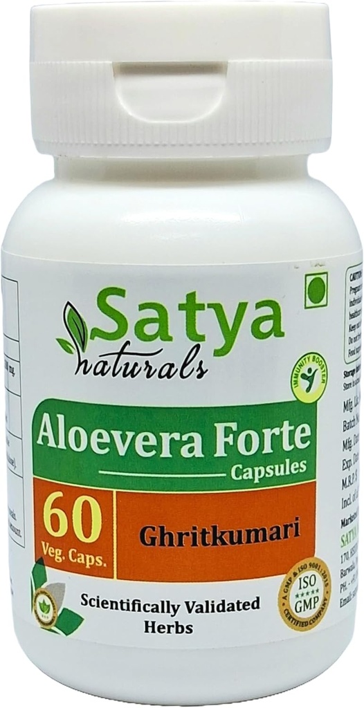 Aloevera Forte Kapseln 500 mg. 60 Veg. Kapseln | Aloevera (Ghritkumari) Extrakt Kapseln für Männer und Frauen | Ein Monat Versorgung | Ayurvedische Kräuterergänzung/Remedies (1 Flasche 60 Kapseln)