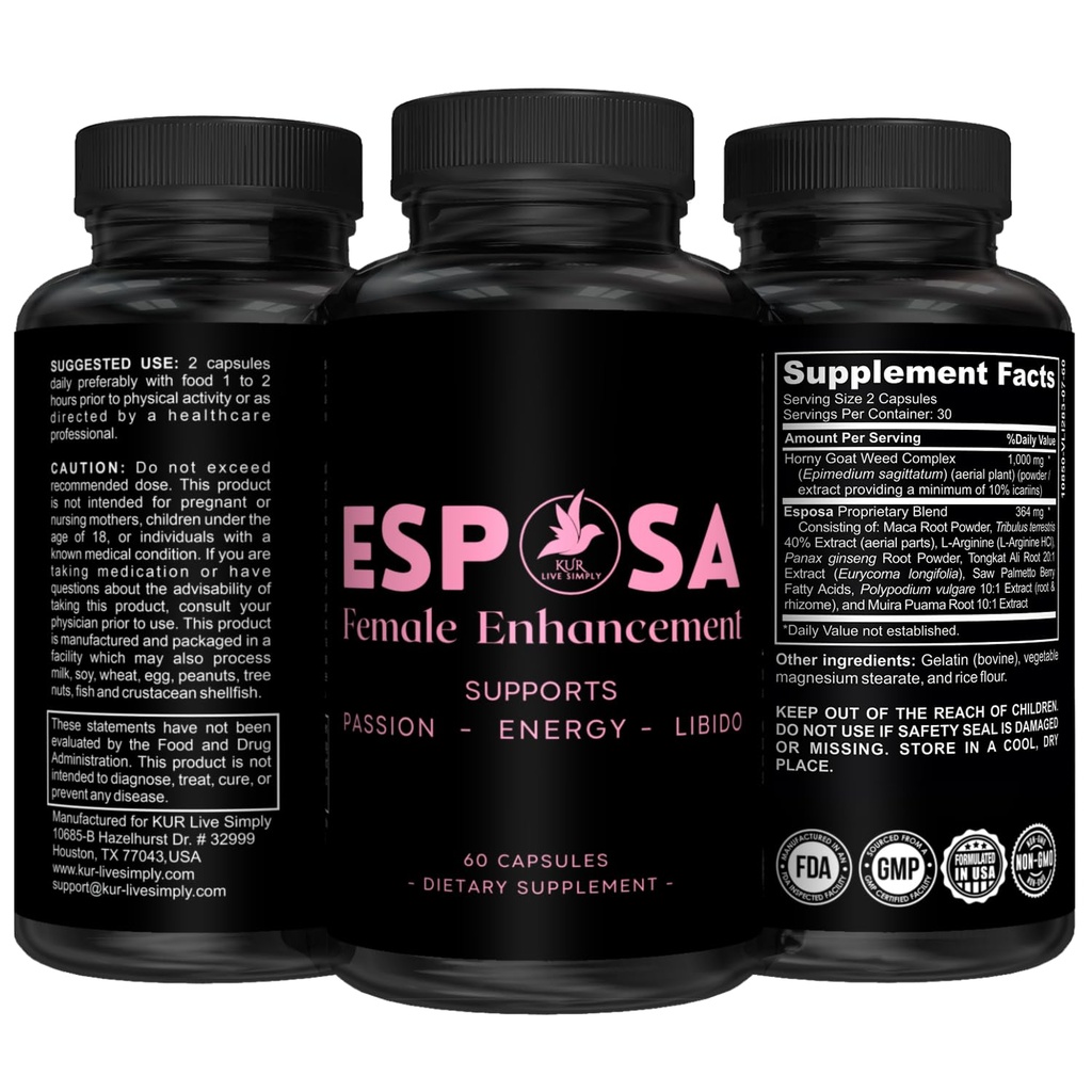 Esposa weiblich Libido Booster für Frauen – Reignite Passion, Erhöhen Sie Energie & Empfindlichkeit, Boost Mood & Desire – Made in USA Natürliche weibliche Enhancement Pillen mit Horny Goat Weed – 60 Kapseln