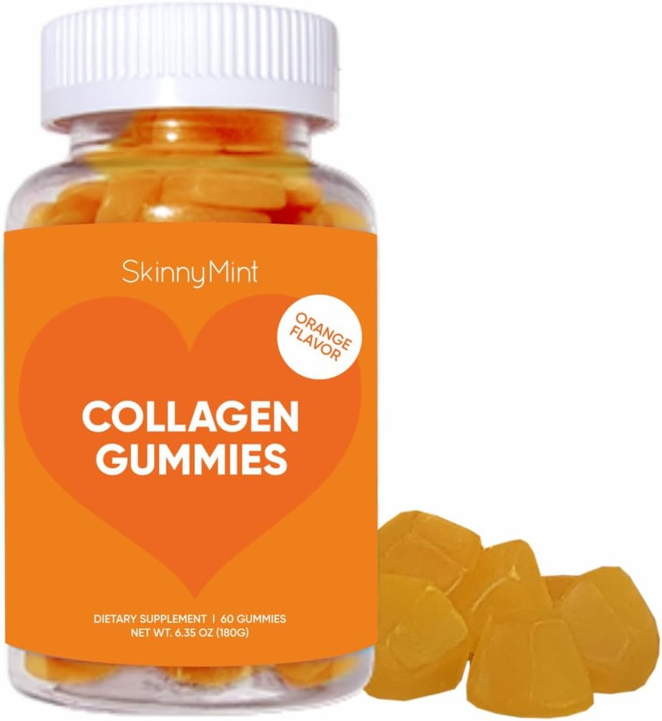 SkinnyMint Collagen Gummies Supplement für Gesunde Haut, Nägel & Haare Unterstützung, Gluten freie Collagen Kaugummis für Männer & Frauen, Natürliche Orange Flavor -60 Count(180G)- 1 Monat Versorgung